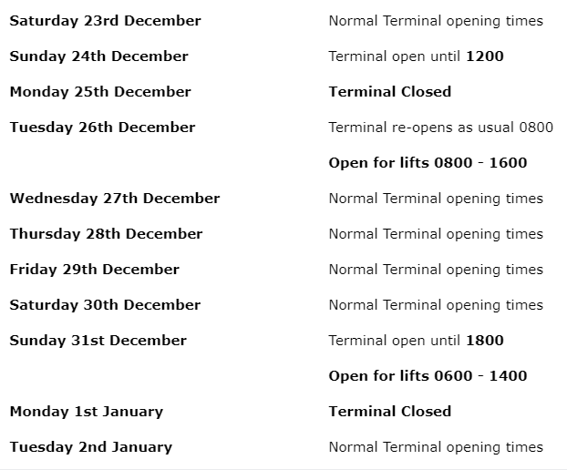 dfds immingham terminal working hours christmas new year 2023/24