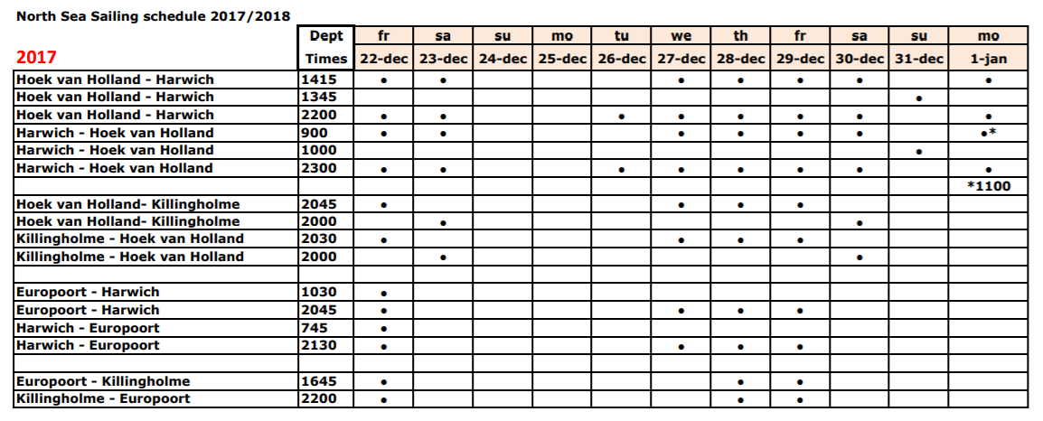 stena line north sea xmas schedule 2017